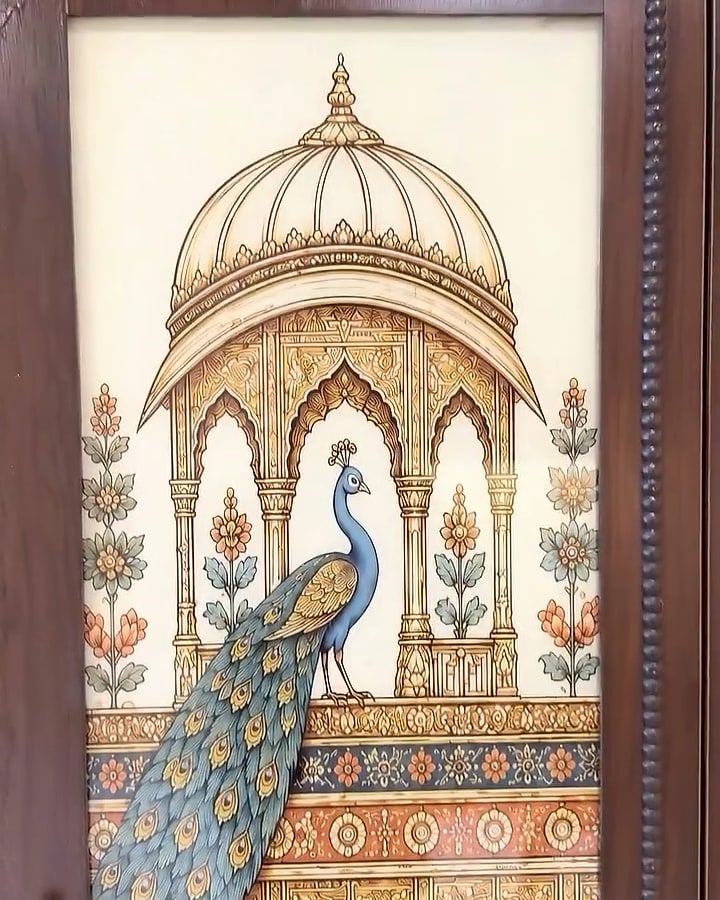 Art panel of a peacock beneath a domed chhatri pavilion, in a carved dark-wood frame