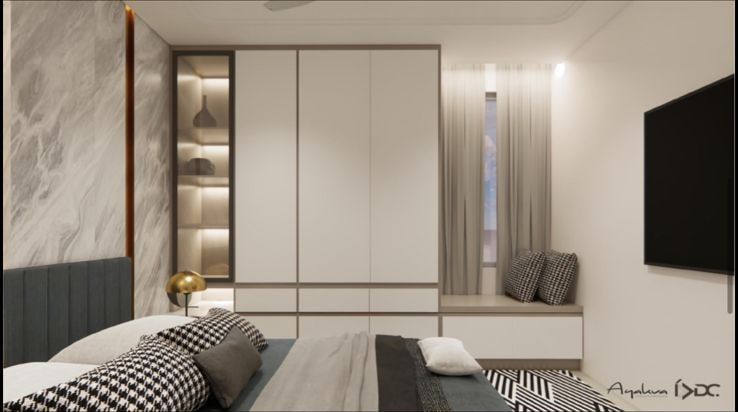 Design render of the bedroom wardrobe wall, with a lit glass niche, white shutters and a window seat
