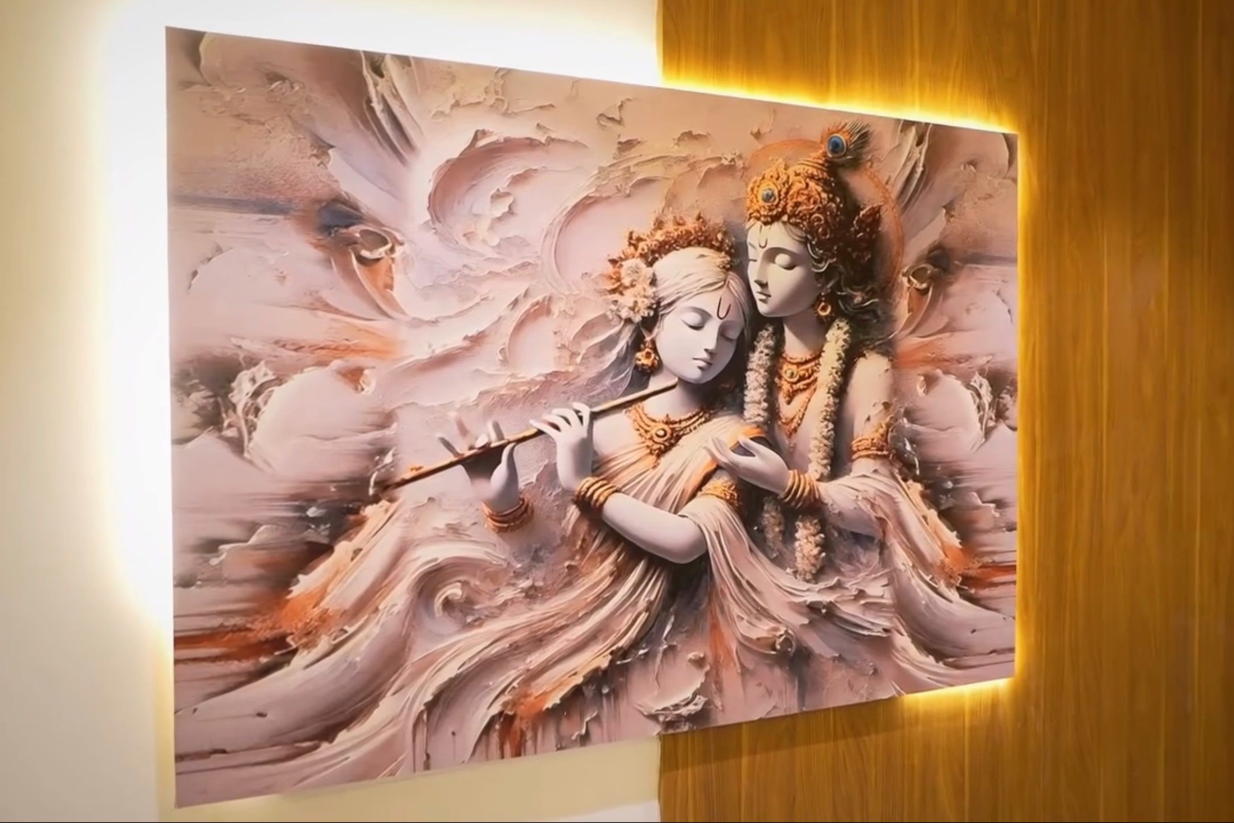 Radha-Krishna artwork glowing against vertical wood panelling