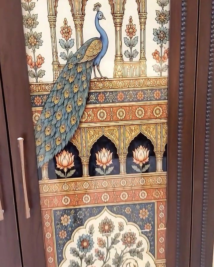 Art panel of a peacock on a balustrade beneath a domed pavilion